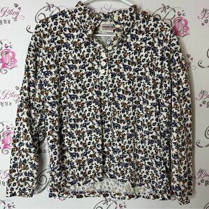 Perspective Floral Print Top White Blue buttons vintage shirt
